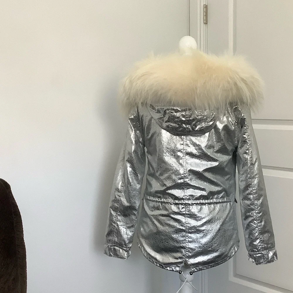Silver Faux Fur Hooded Jacket, Size M - Picture 12 of 13